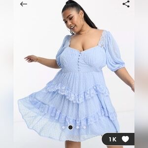 ASOS DESIGN -curve open back lace insert textured mini tea dress in light & blue